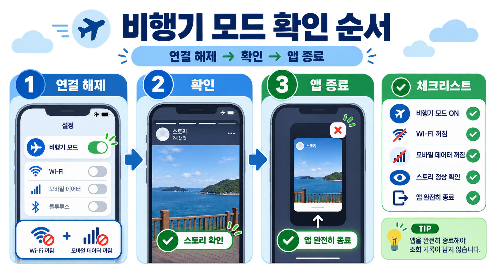 비행기 모드 사용 전 네트워크 연결을 점검하는 안내 카드