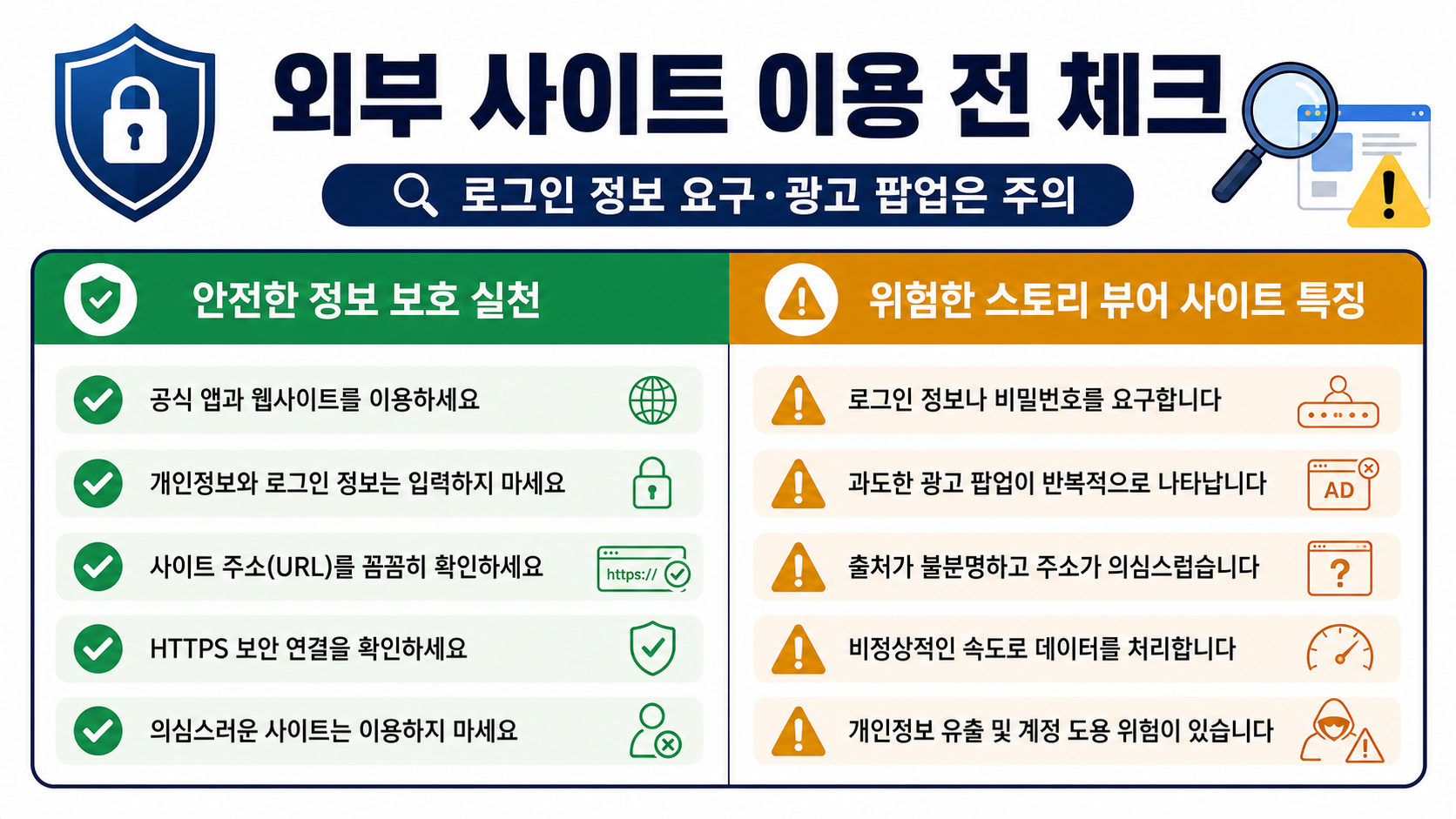 외부 사이트 이용 전 로그인 정보 요구와 광고 팝업을 확인하는 보안 체크 카드