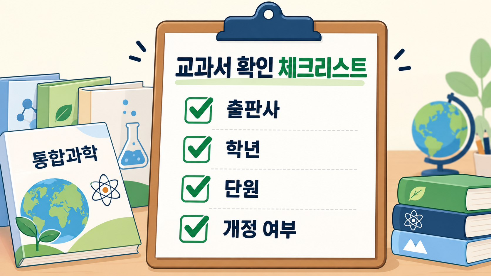 통합과학 교과서의 출판사, 학년, 단원, 개정 여부를 확인하는 체크리스트 정보카드