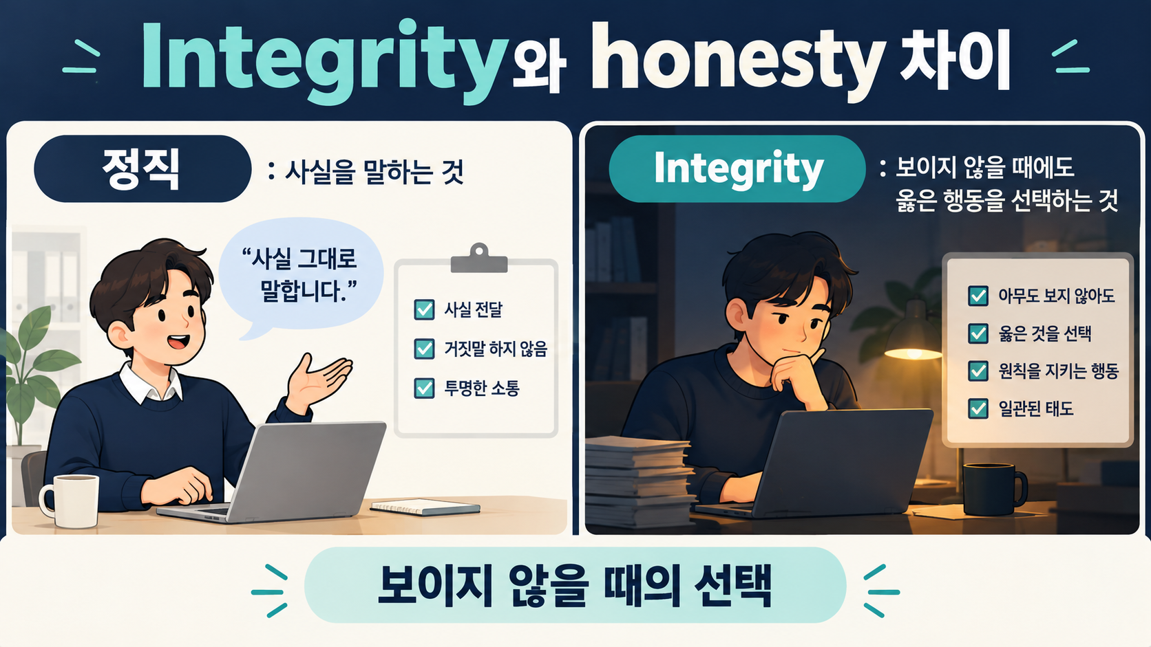 Integrity와 honesty의 차이를 보이지 않을 때의 선택으로 설명하는 한국형 정보카드