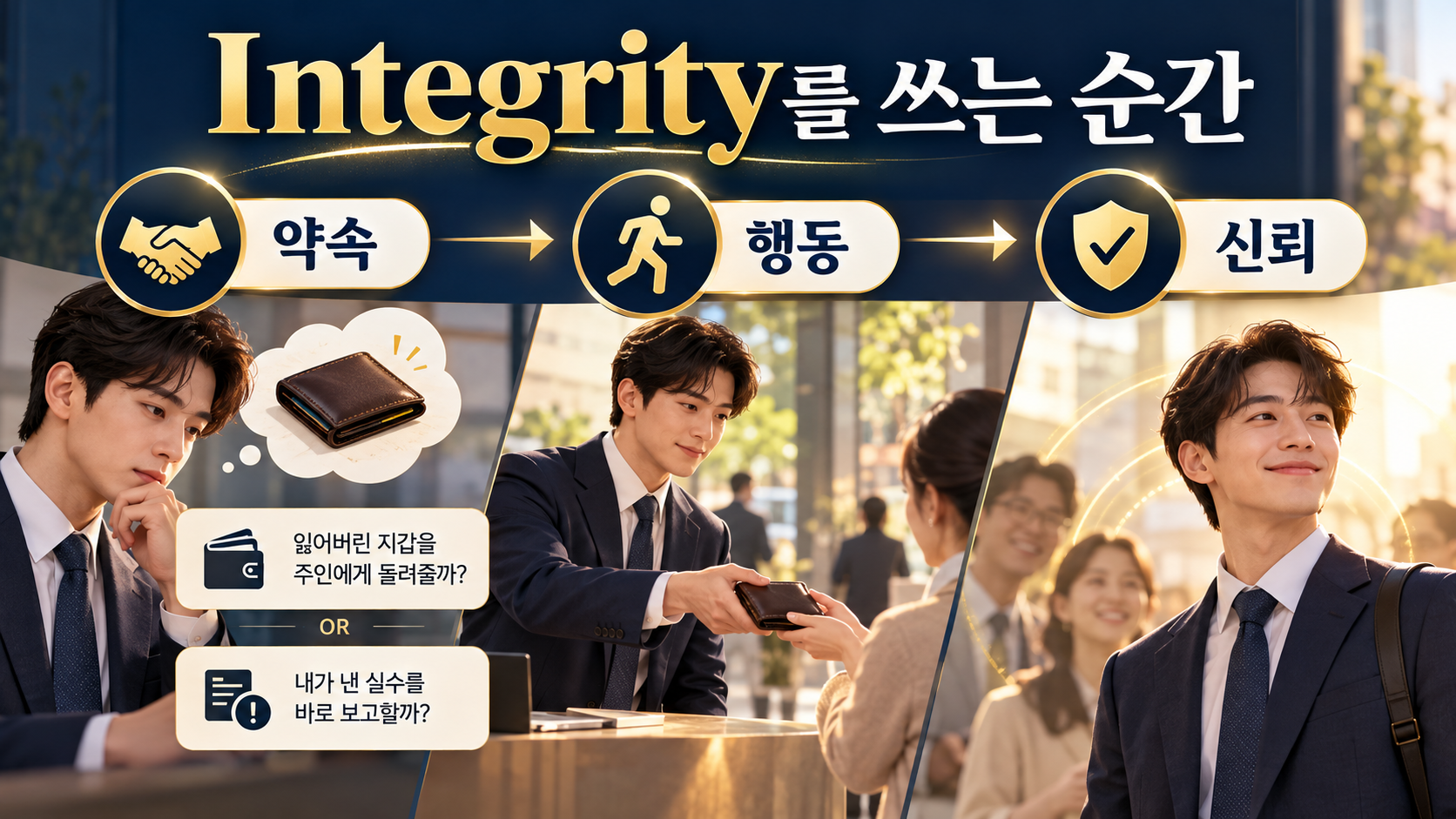 약속 행동 신뢰로 Integrity 사용 장면을 안내하는 한국형 정보카드