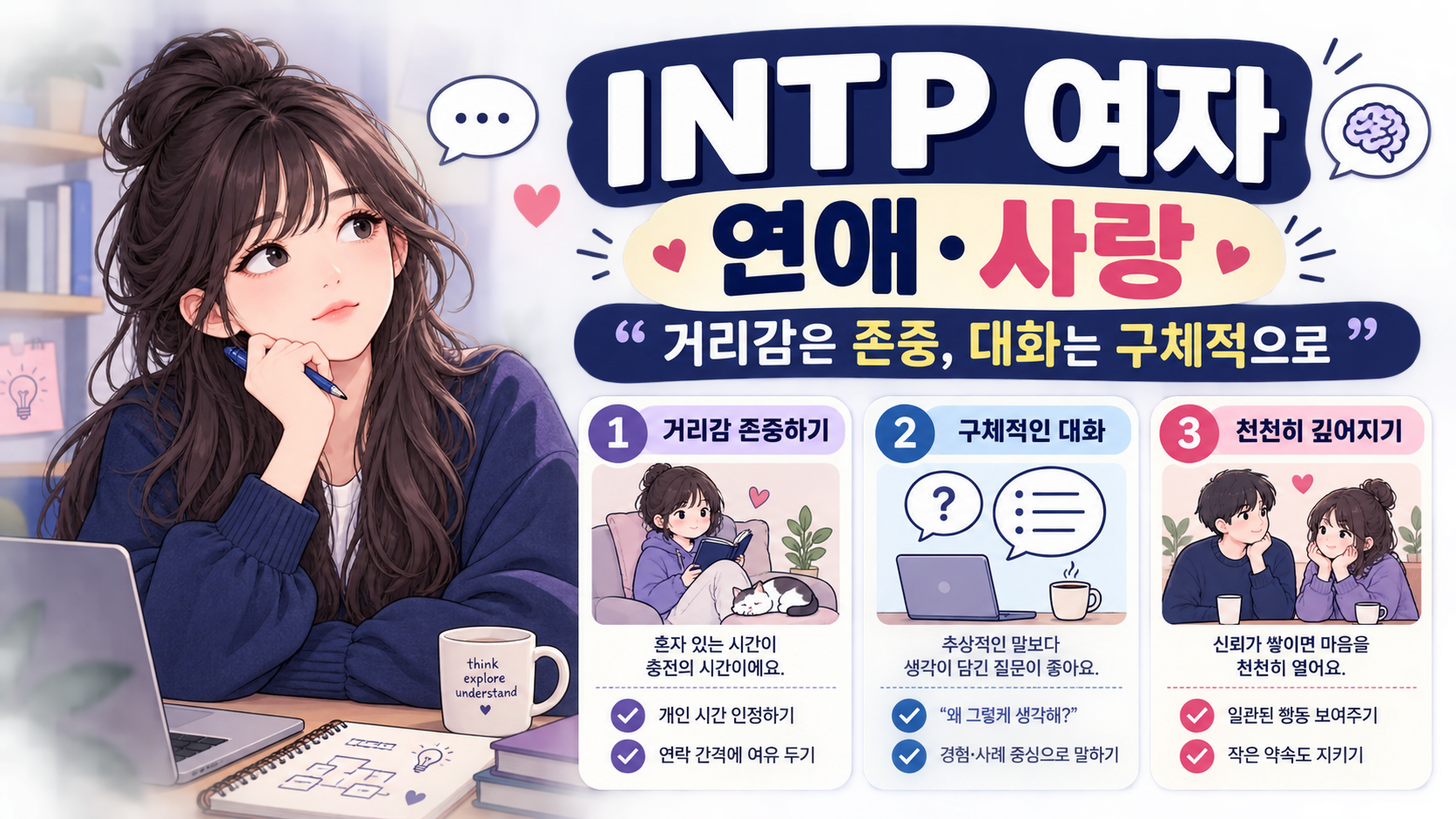 INTP 여자 연애와 사랑에서 거리감 존중과 구체적인 대화, 신뢰 형성 방법을 안내하는 정보 카드