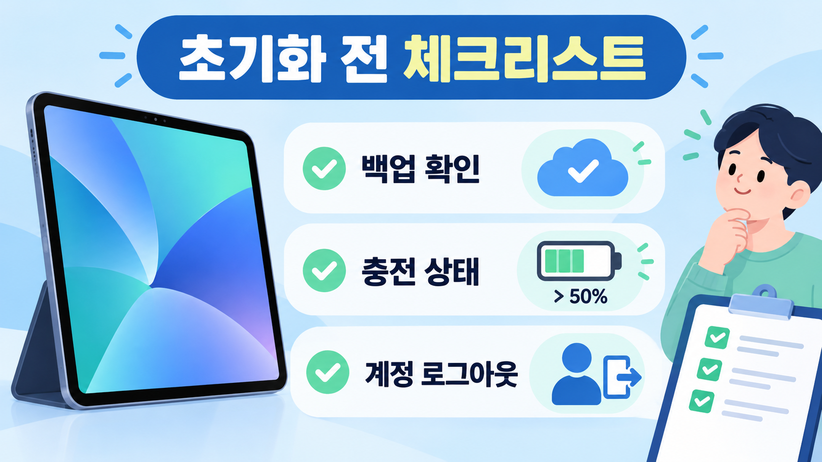 아이패드 초기화 전 백업과 충전 상태를 확인하는 체크리스트 정보카드