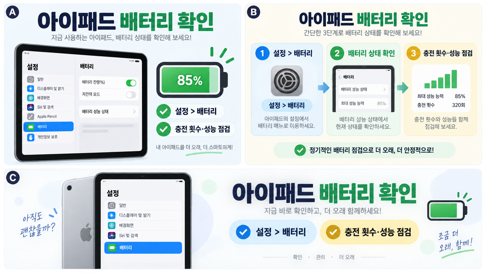 아이패드 구모델 배터리 확인 방법과 점검 항목을 안내하는 정보 카드
