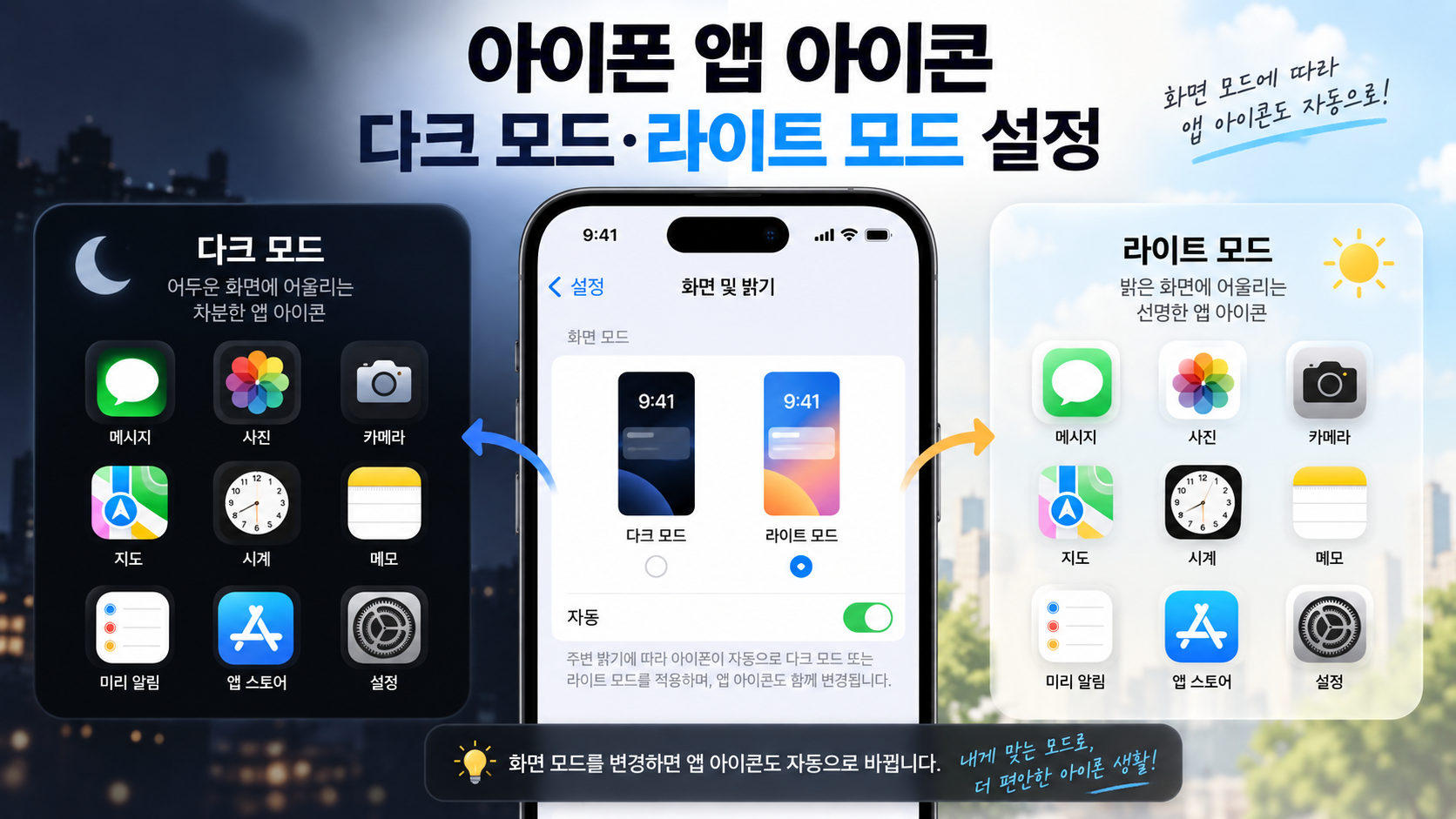 아이폰 앱 아이콘의 다크 모드와 라이트 모드 설정 비교