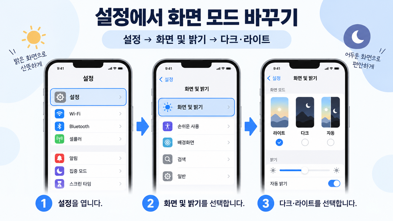 설정에서 화면 및 밝기 메뉴로 이동하는 순서