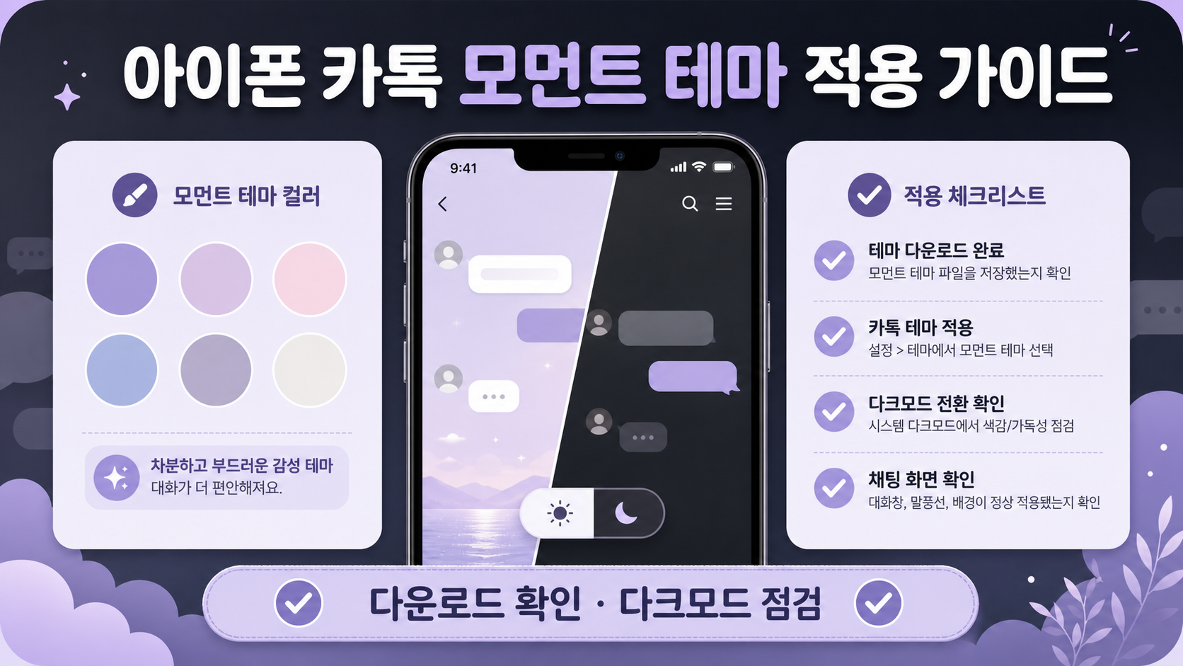 아이폰 카카오톡 모먼트 테마 적용과 다크모드 점검을 담은 한국어 정보 카드