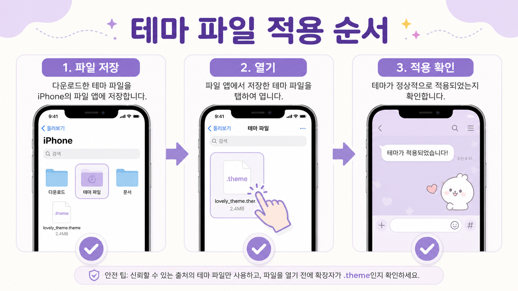 아이폰에서 테마 파일을 저장하고 열어 적용 여부를 확인하는 한국어 안내 카드