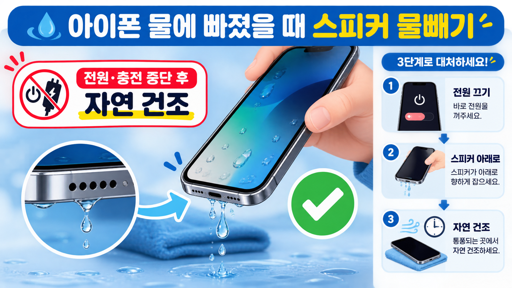 아이폰 물에 빠졌을 때 스피커 물빼기와 자연 건조 순서 정보카드