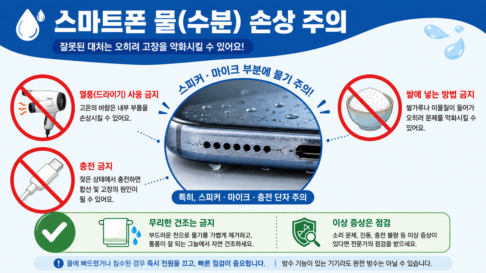 젖은 스마트폰에 드라이어와 충전, 쌀통 사용을 피해야 한다는 안전 정보카드