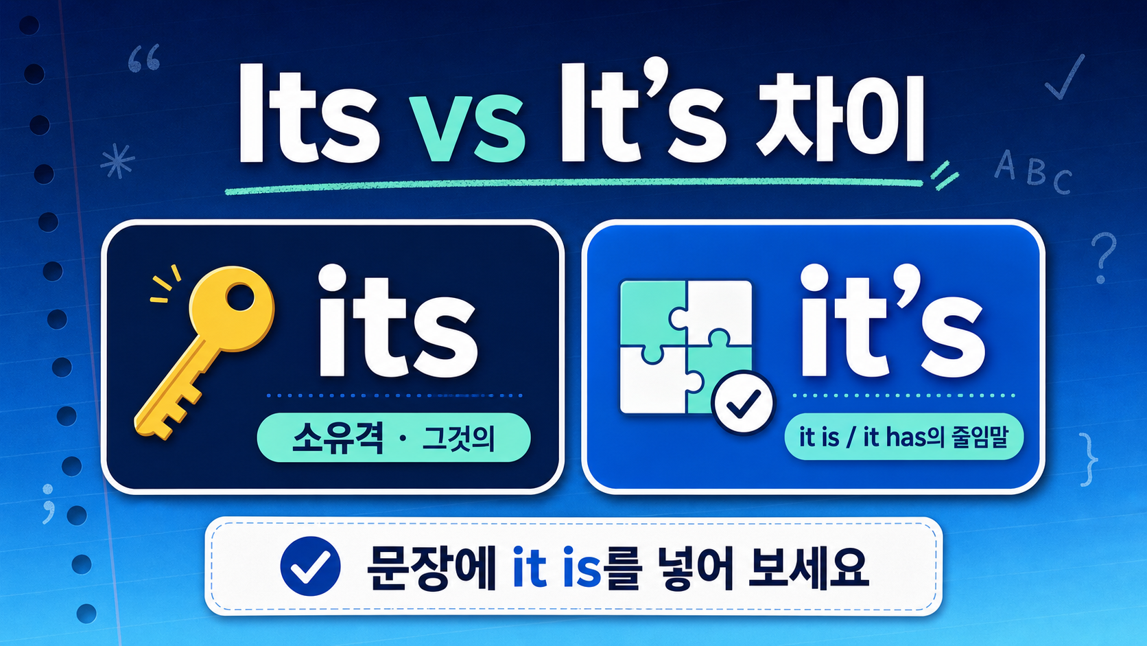 Its와 It's 차이, 소유격과 줄임말을 구분하는 체크 아이콘 정보 카드