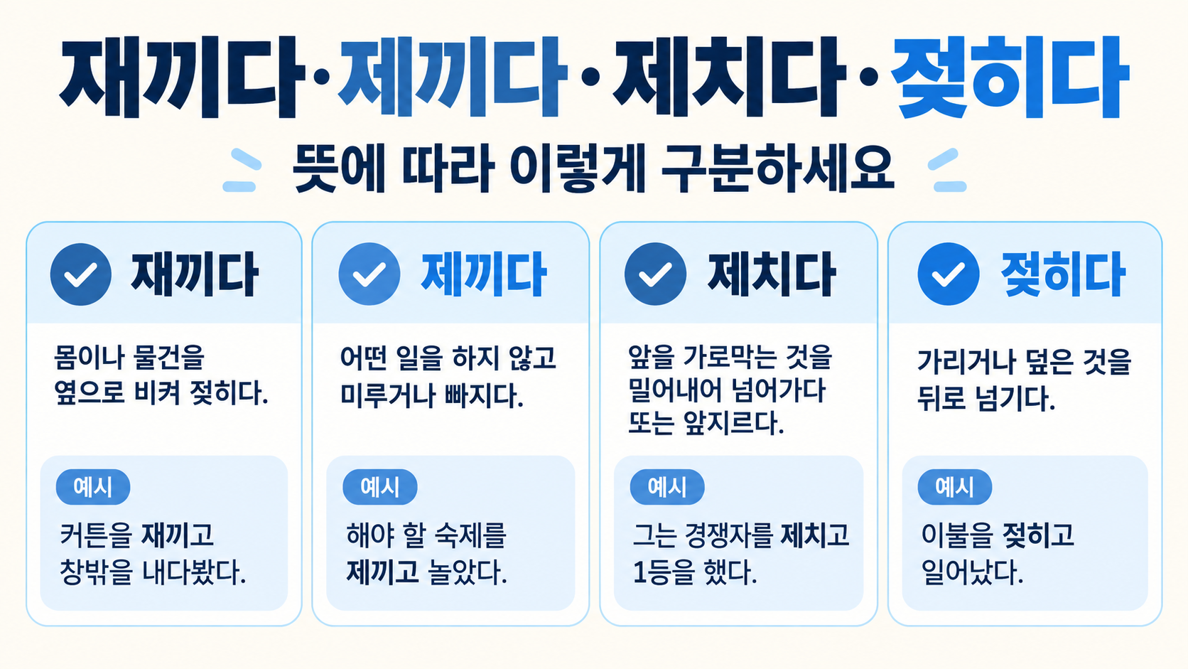 재끼다·제끼다·제치다·젖히다, 뜻에 따라 구분하는 법 핵심을 정리한 정보 카드
