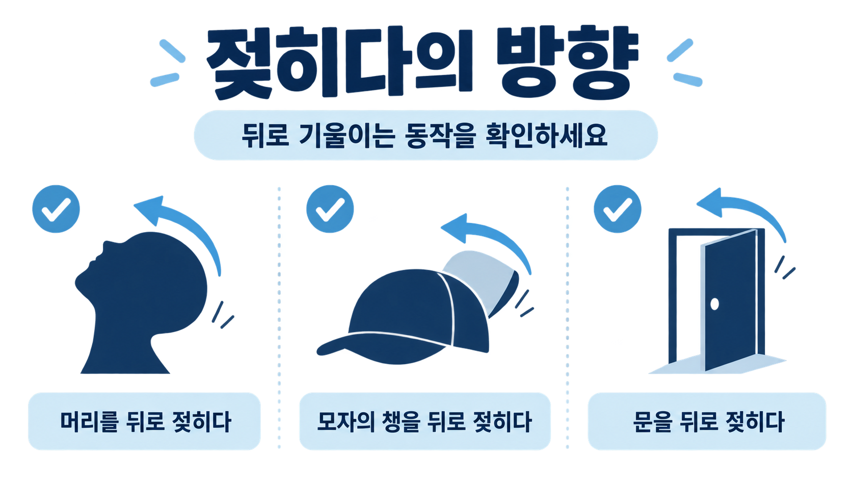 젖히다의 방향과 예문을 보여 주는 정보 카드