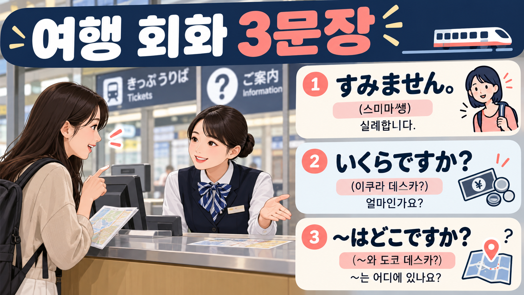 일본 여행 회화 세 문장 정보카드