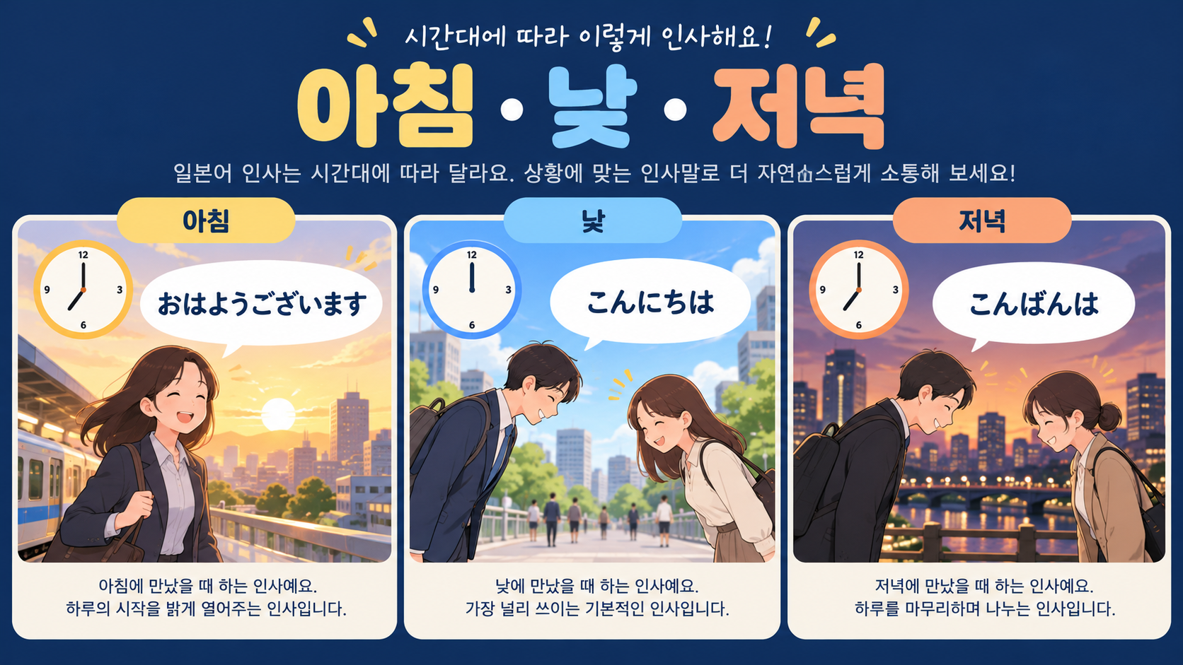 아침 낮 저녁 일본어 인사 세 가지를 비교한 정보카드