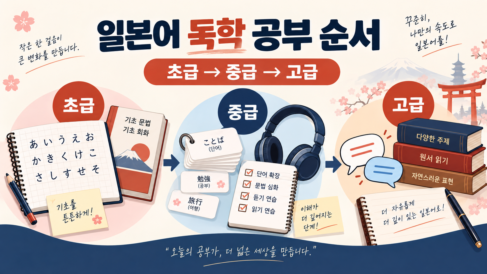 초급부터 고급까지 일본어 독학 공부 순서를 보여 주는 정보카드