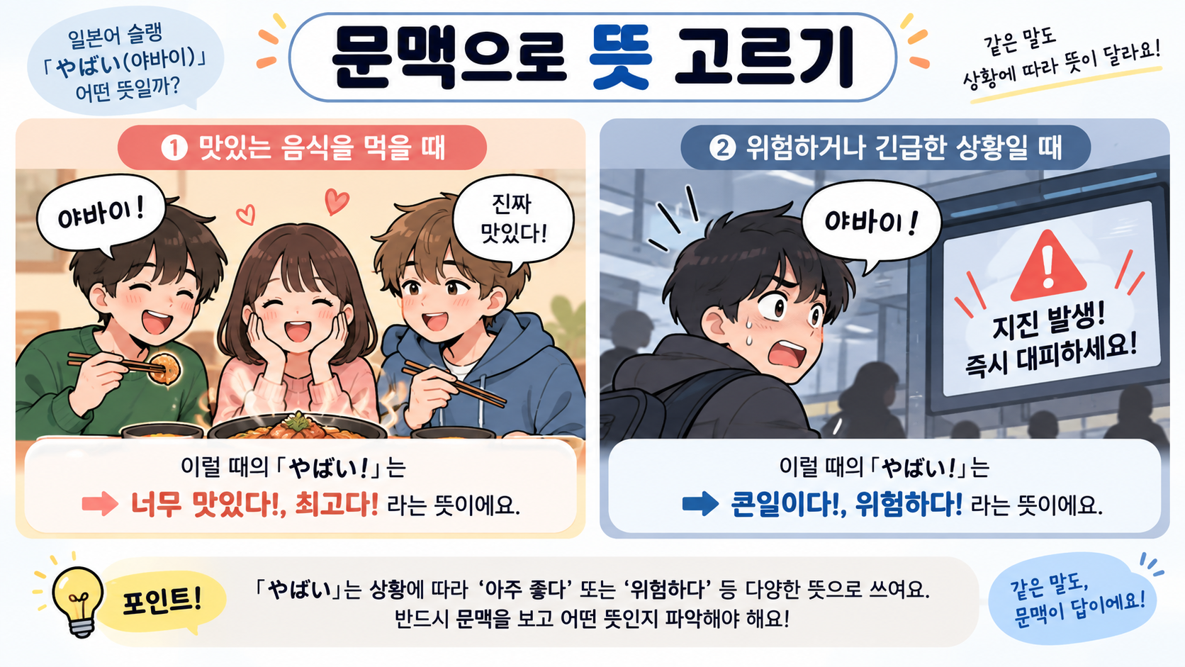 문맥에 따라 달라지는 야바이 뜻을 비교한 한국어 정보 카드