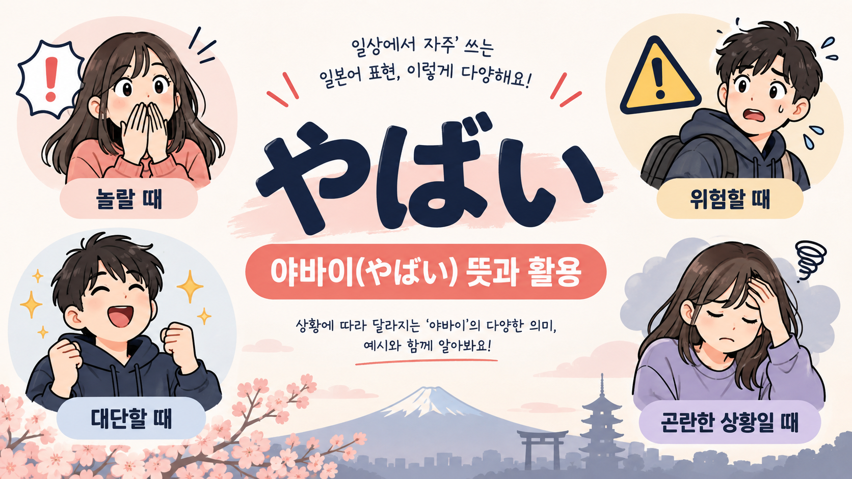 일본어 슬랭 야바이의 다양한 뜻을 소개하는 한국어 정보 카드