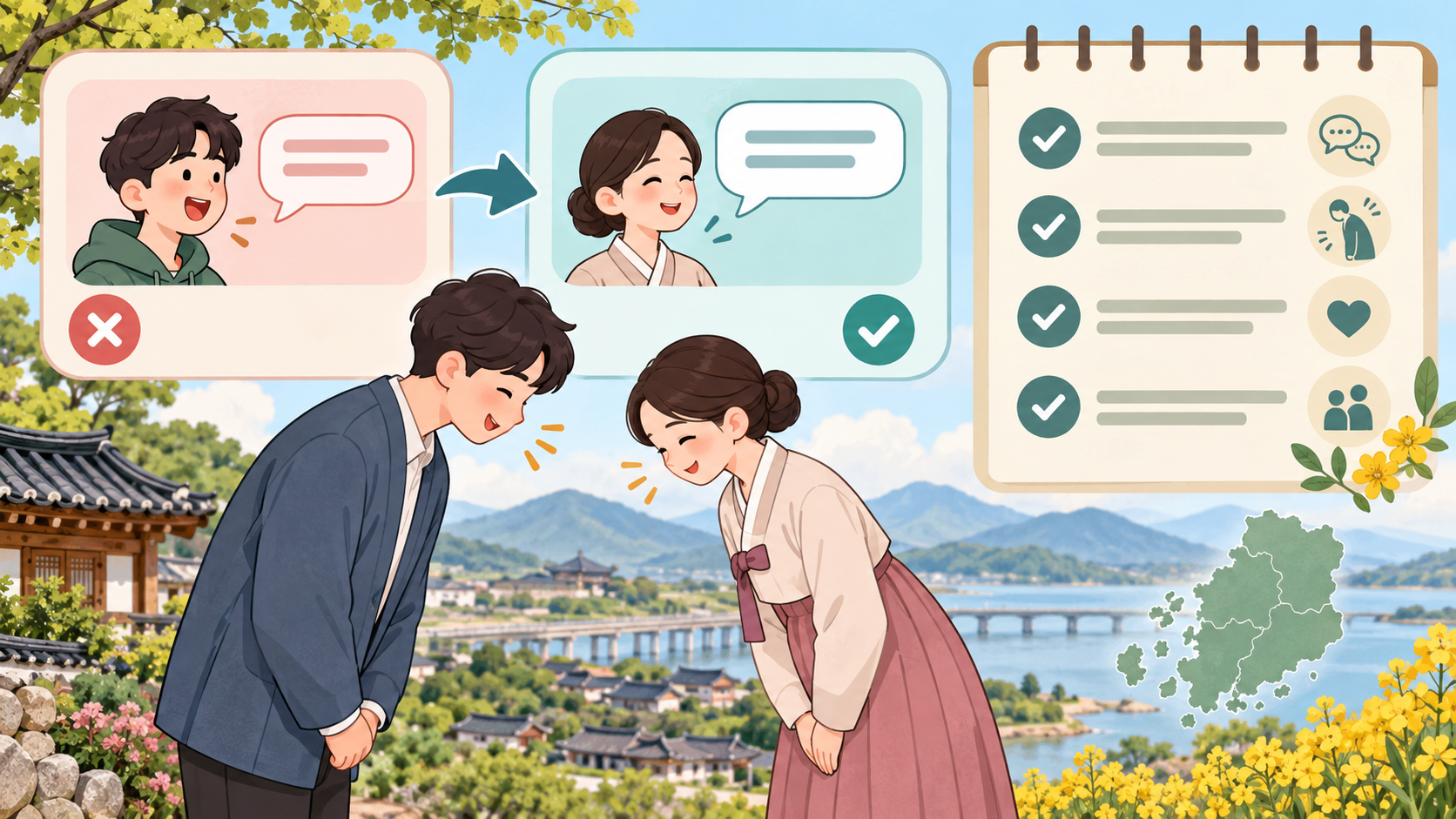 서로 인사하는 두 사람과 말투 예절 체크리스트를 담은 전라도 사투리 정보카드