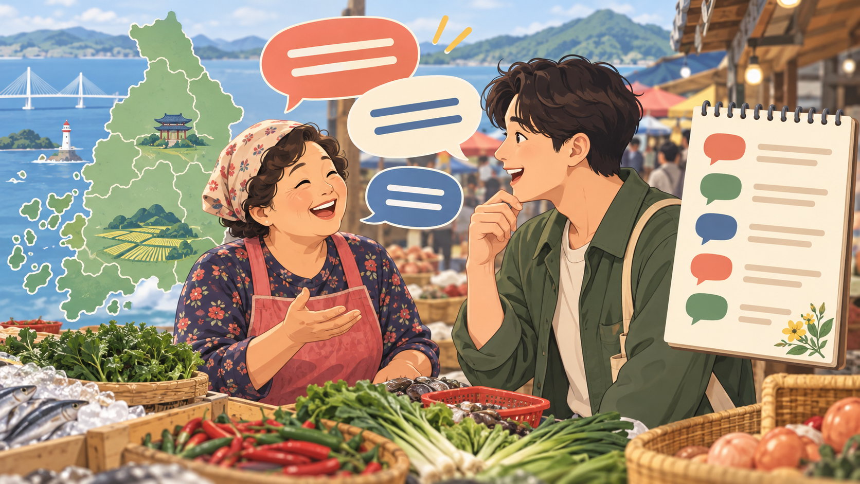전라도 시장에서 대화하는 사람들과 전라도 지도, 말풍선이 담긴 사투리 정보카드