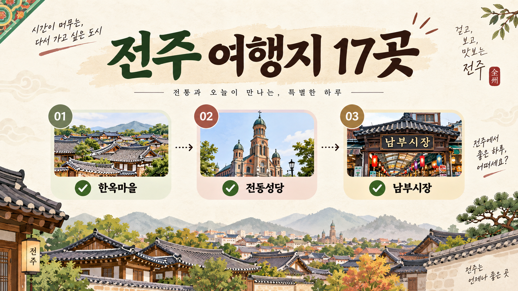 전주 여행지 17곳 한옥마을 전동성당 남부시장 정보카드