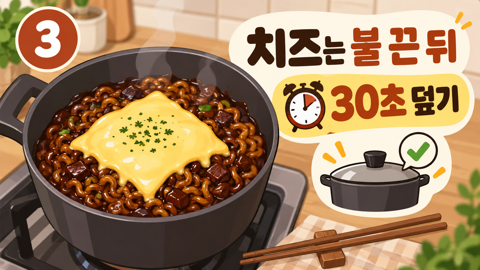 불을 끈 뒤 치즈를 올리고 30초 덮는 짜계치 마무리 정보카드