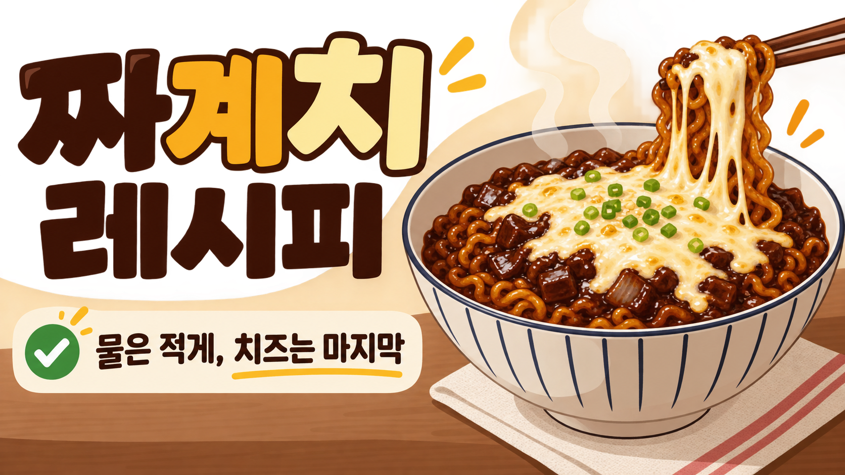 짜계치 레시피와 물은 적게 치즈는 마지막이라는 핵심을 담은 정보카드
