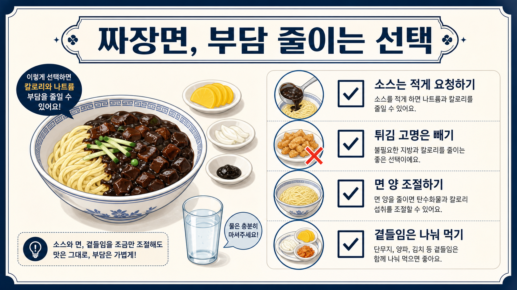 짜장면을 부담 적게 먹기 위한 주문과 섭취 체크리스트 정보카드