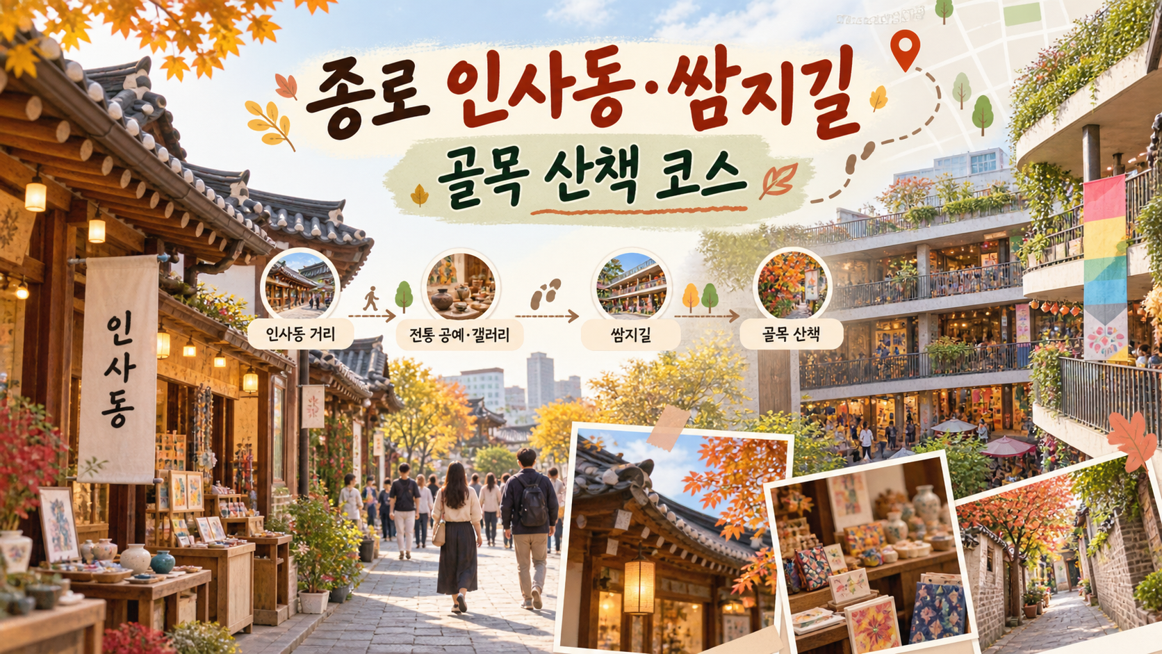 서울 종로 인사동 문화의거리와 쌈지길 산책 코스를 보여 주는 정보카드