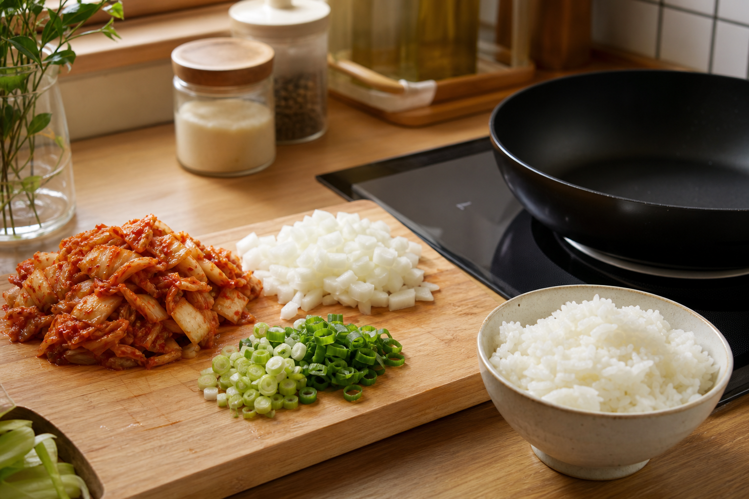 한 팬 요리를 위한 식재료 장면