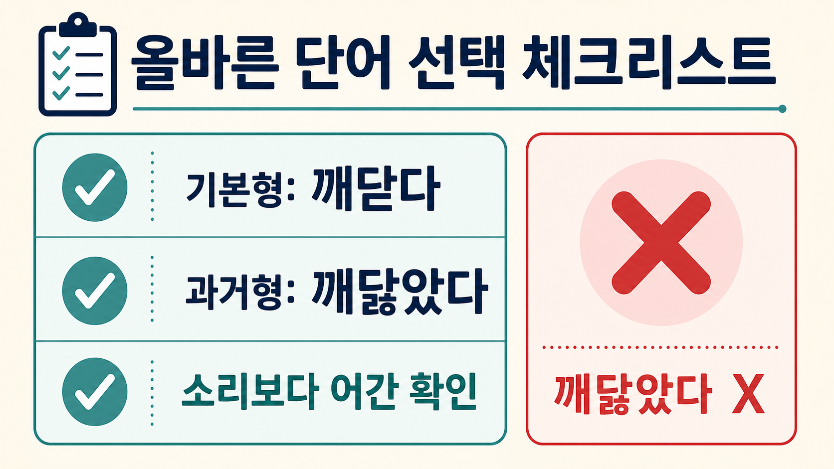 깨달았다와 깨닳았다를 구별하는 맞춤법 체크리스트 정보카드