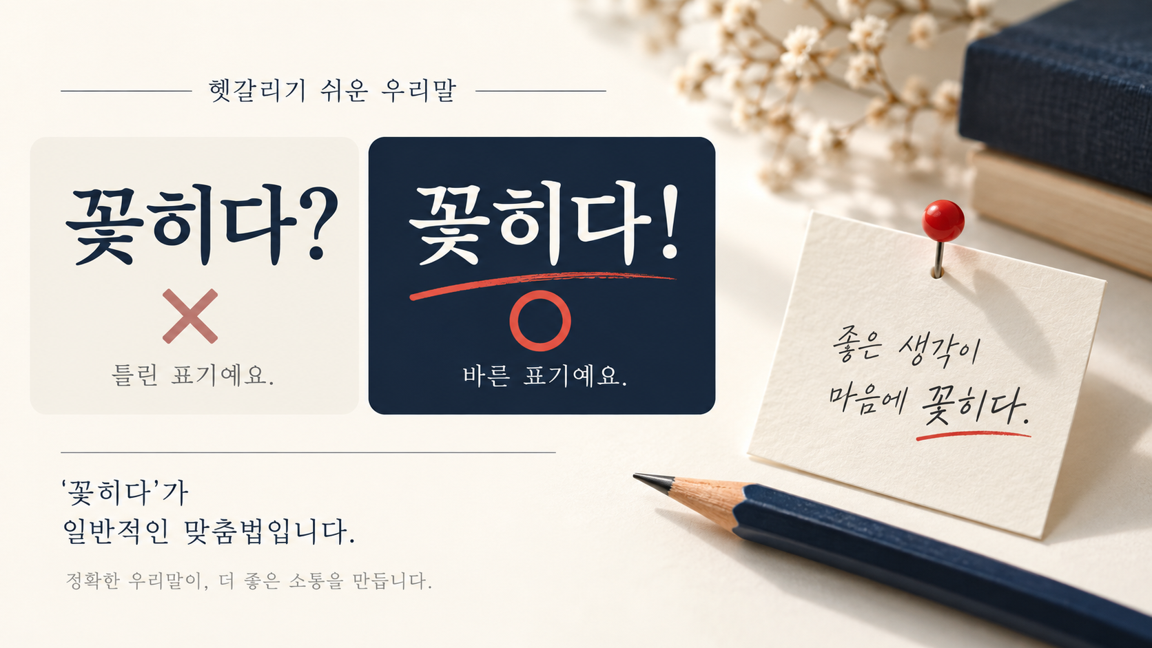 꽃히다와 꽂히다의 올바른 표기를 비교한 정보카드