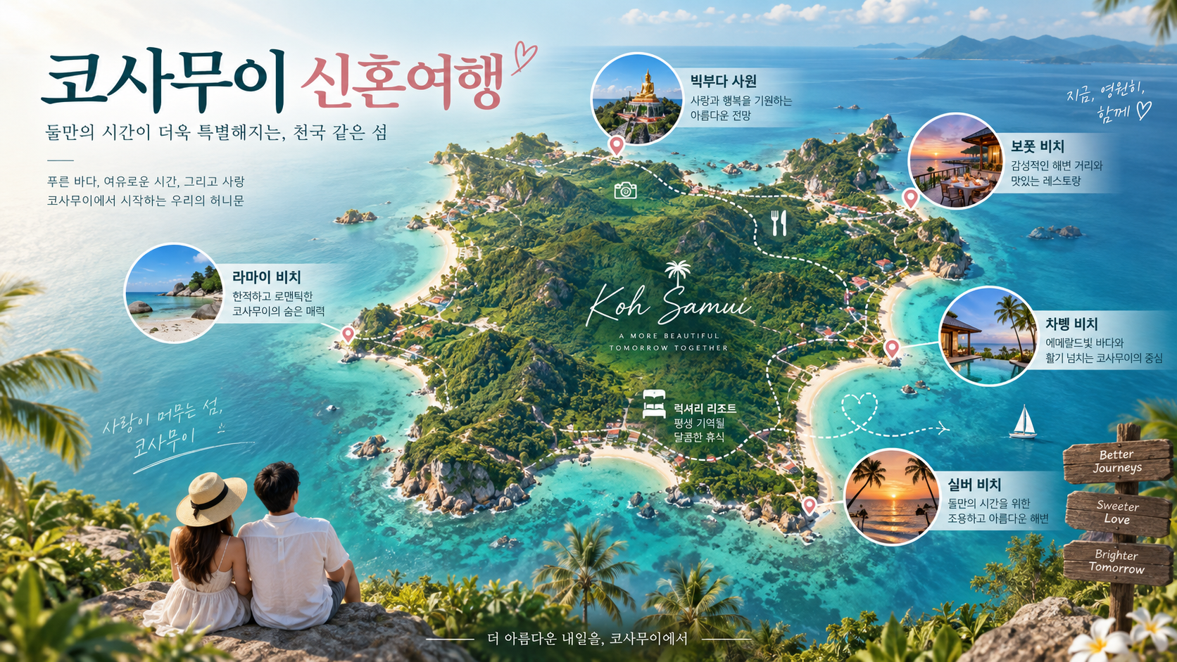 코사무이 신혼여행 핵심 지역을 표시한 한국어 정보카드