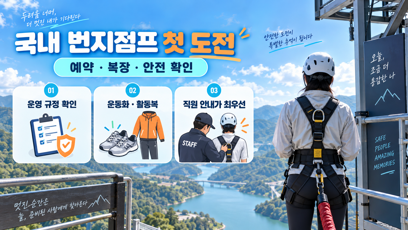 국내 번지점프 출발 전 안전장비를 점검하는 모습