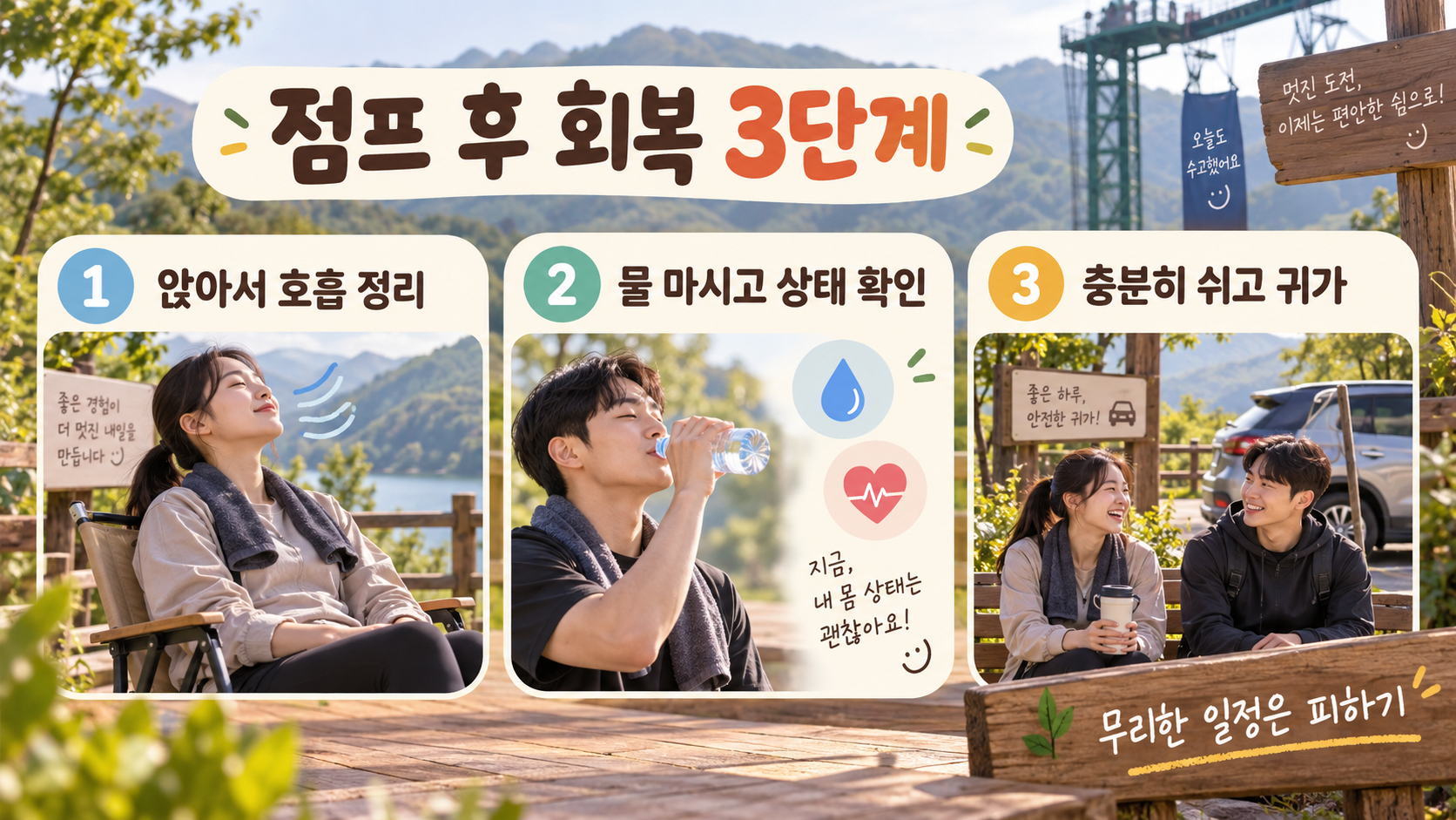 번지점프 뒤 물을 마시며 휴식하는 체험자와 안내 직원