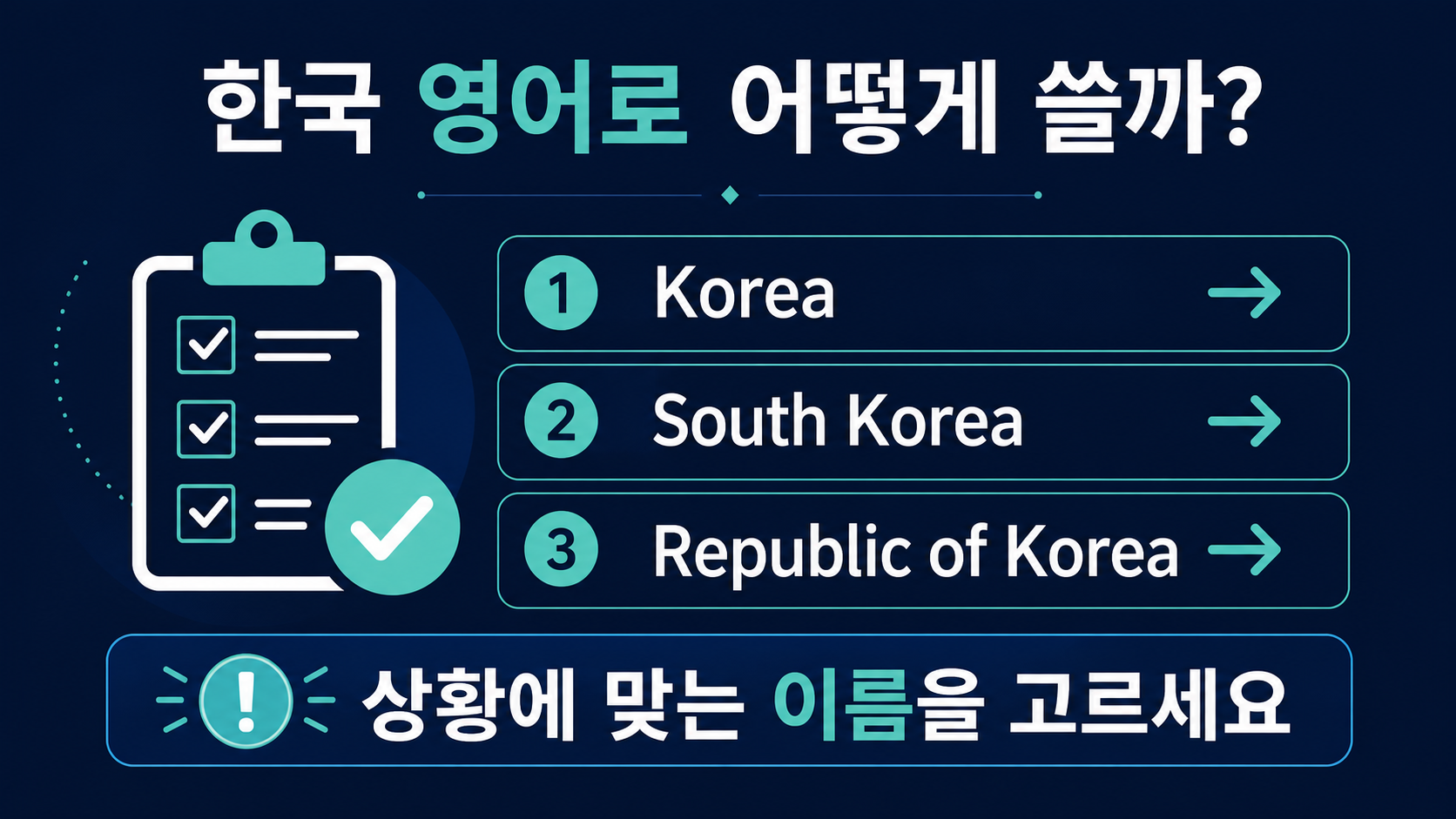 한국을 영어로 쓸 때 Korea, South Korea, Republic of Korea를 구분하는 한국어 정보 카드