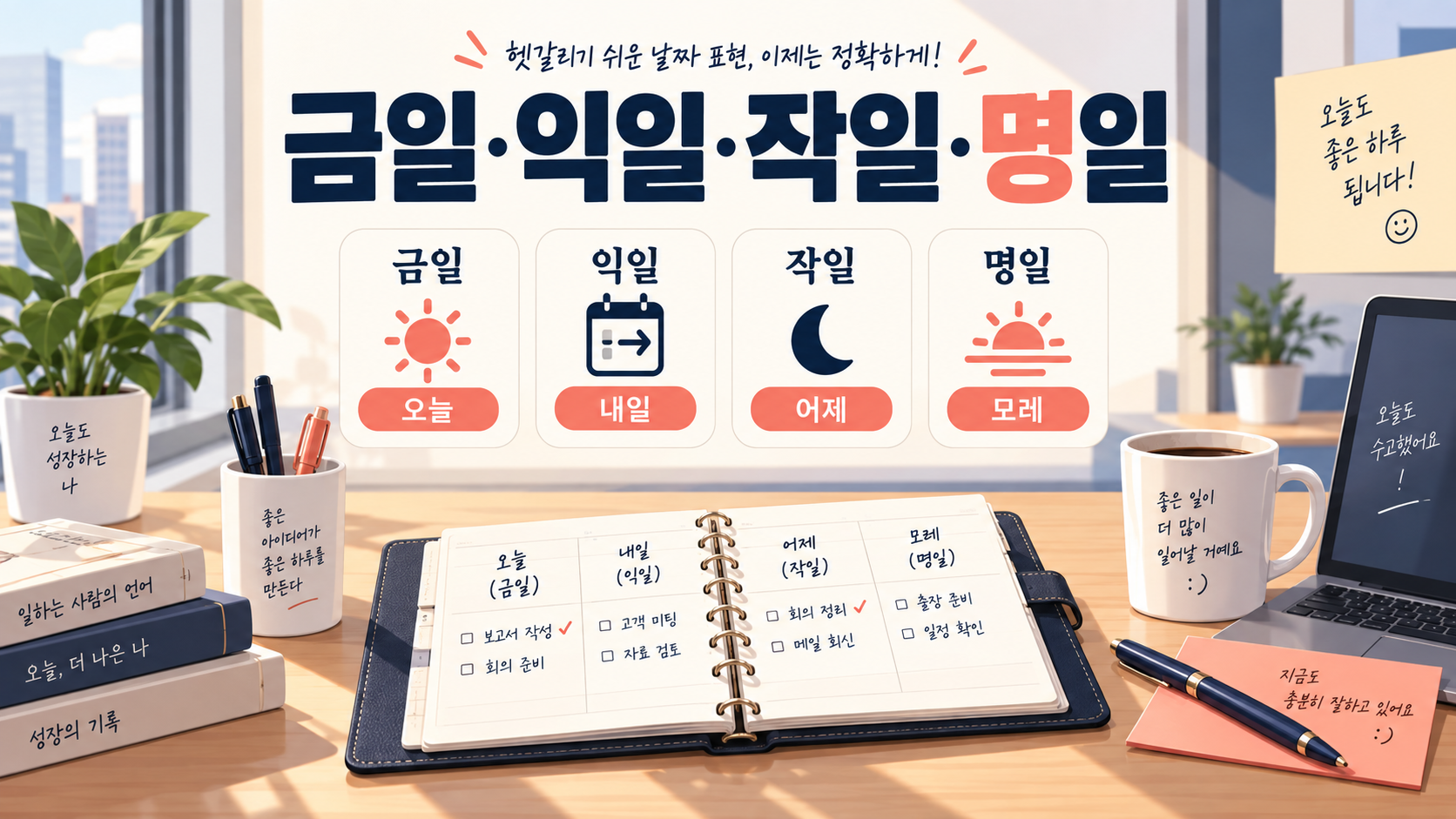 금일 익일 작일 명일의 뜻을 달력으로 정리한 정보카드