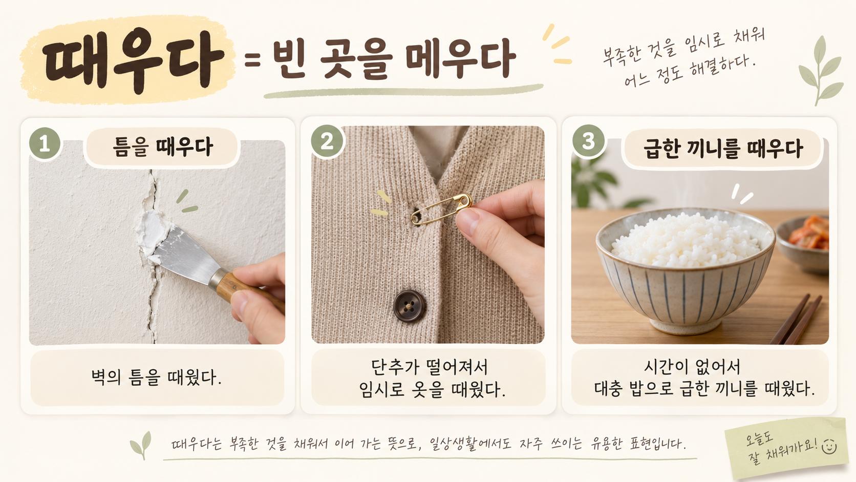 때우다의 메우는 뜻과 예시를 보여 주는 한국어 정보카드