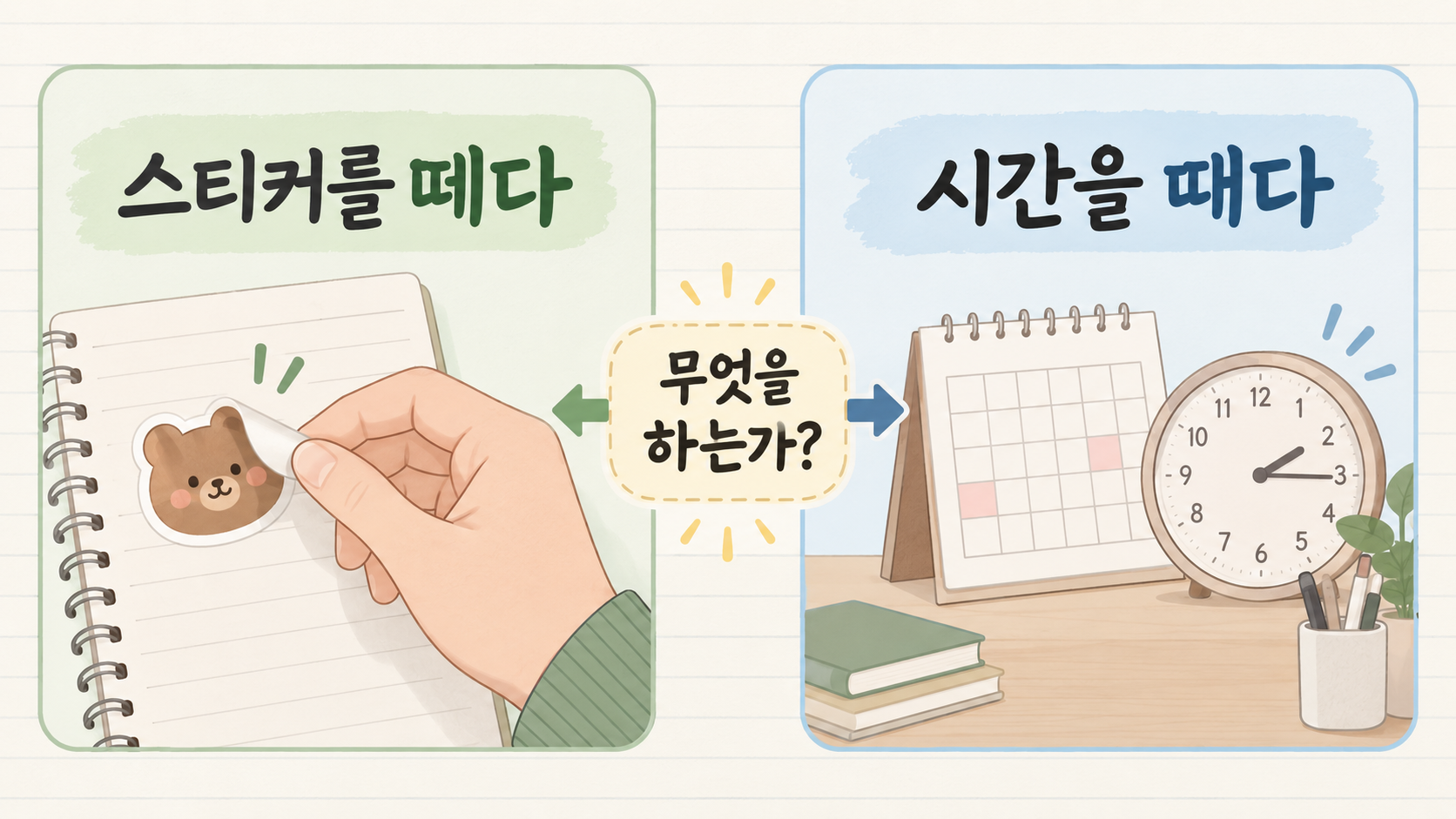 스티커를 떼다와 시간을 때다를 문맥으로 비교한 한국어 정보카드