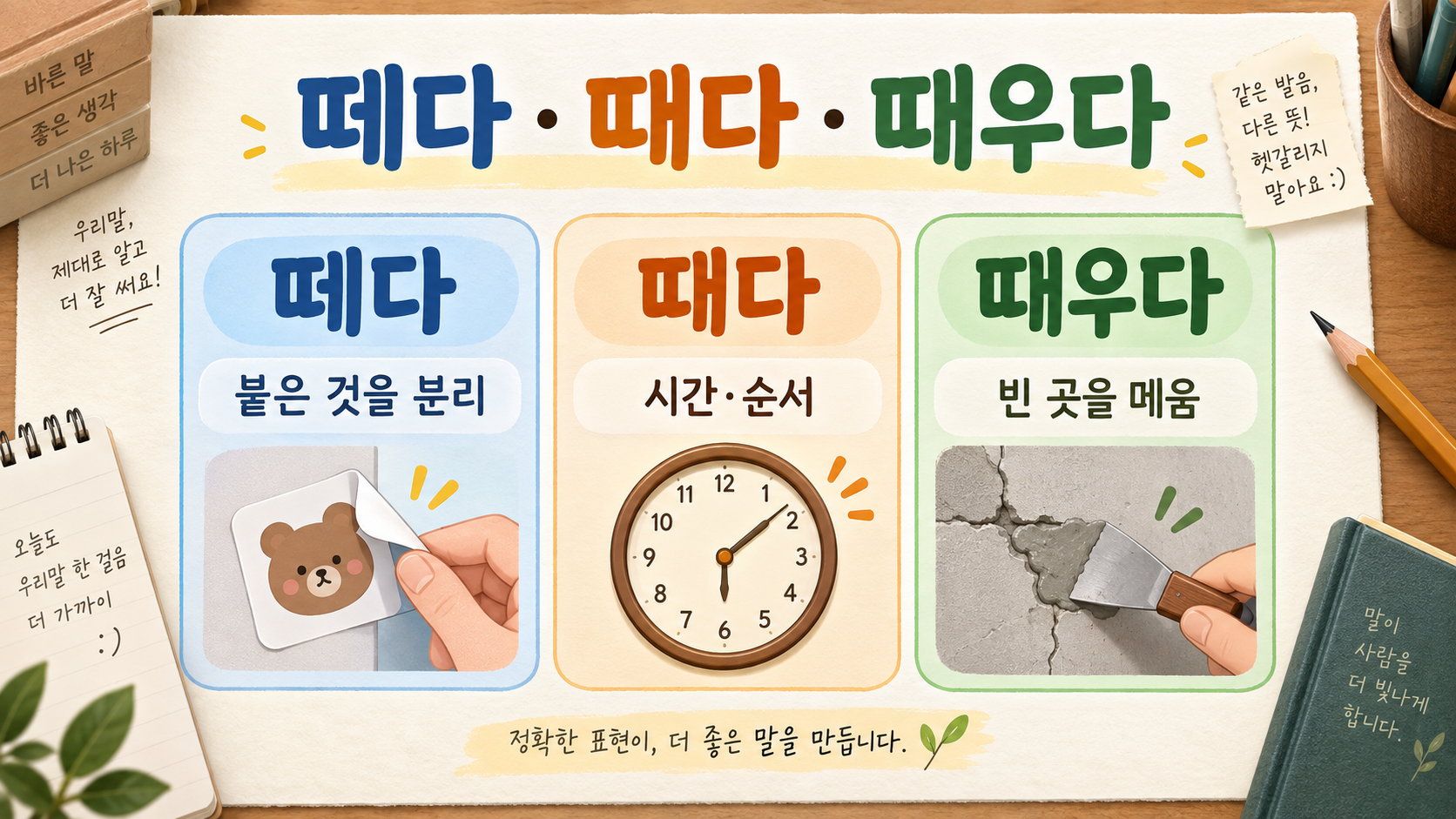떼다, 때다, 때우다의 뜻을 비교한 한국어 정보카드