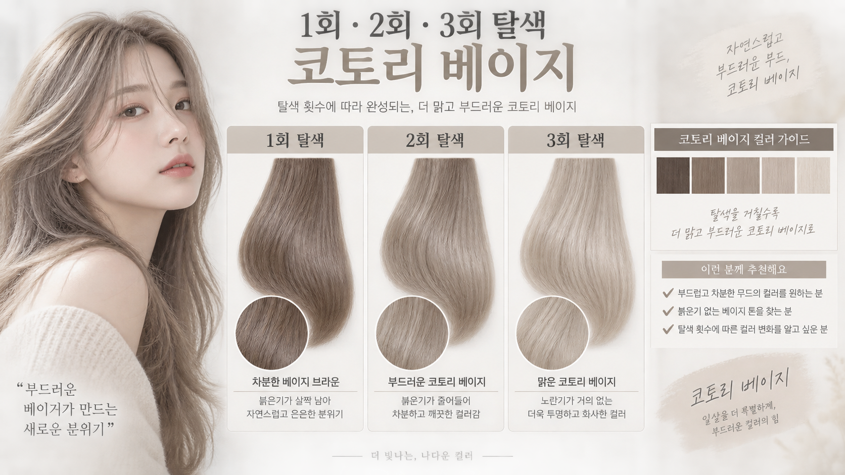 1회 2회 3회 탈색에 따른 코토리 베이지 색감 비교 한국형 정보카드