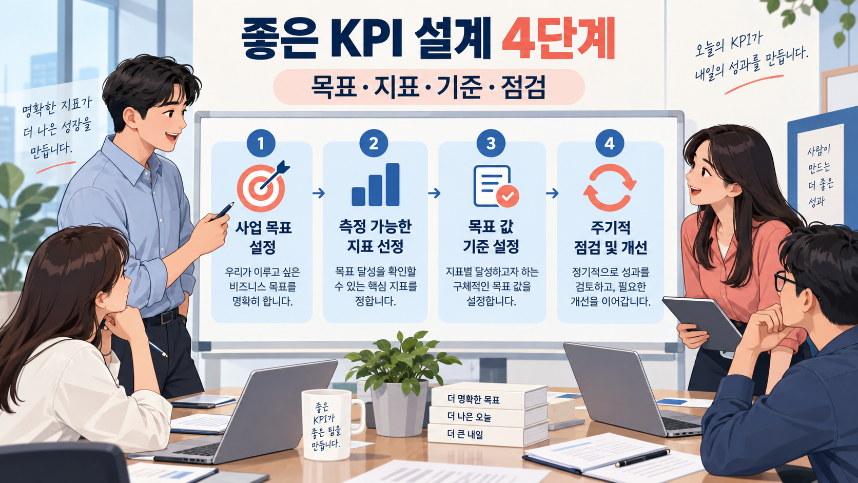좋은 KPI 설계 네 단계를 논의하는 팀