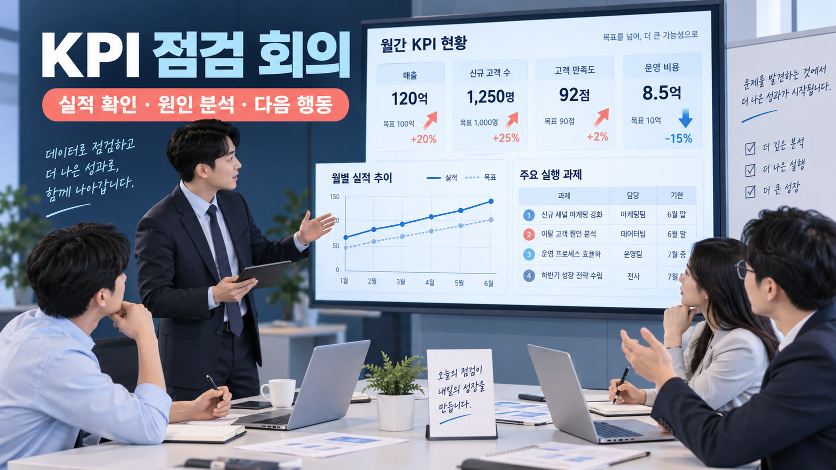 KPI 점검 회의에서 실적과 다음 행동을 논의하는 팀