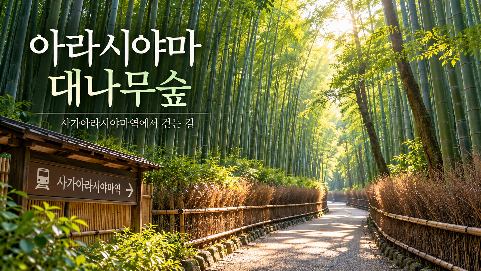 햇살이 비치는 아라시야마 대나무숲 죽림오솔길 정보카드