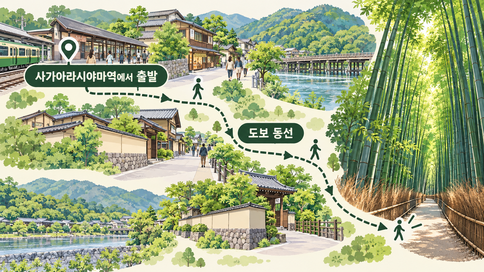 사가아라시야마역에서 죽림오솔길로 가는 도보 동선 정보카드