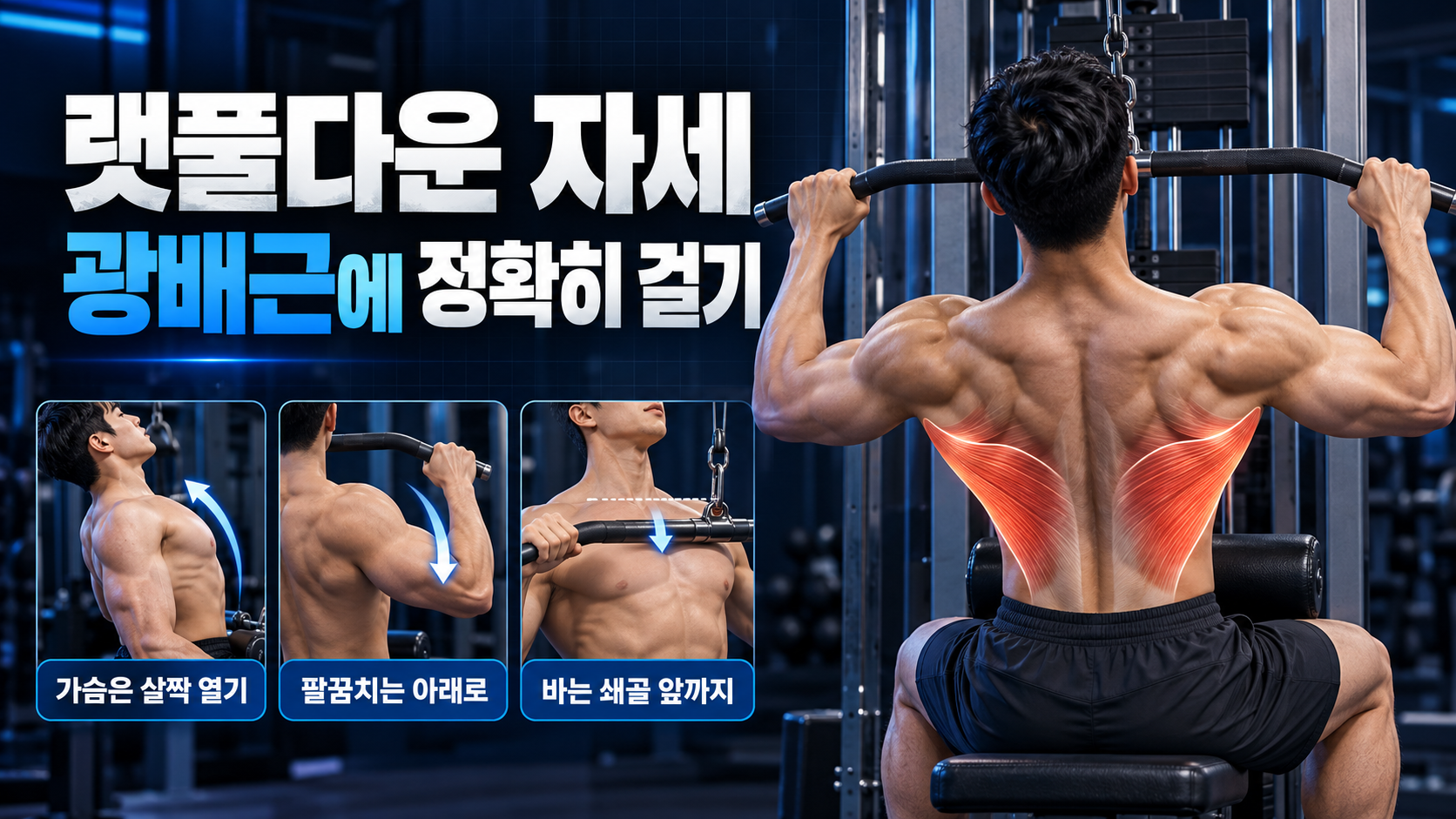 랫풀다운에서 광배근과 팔꿈치 경로를 보여 주는 정보카드