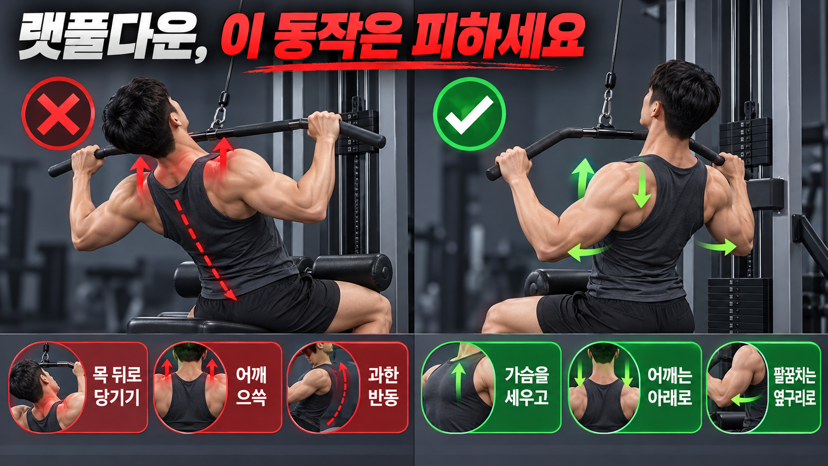 랫풀다운의 바른 자세와 과도한 젖힘 및 목 뒤 당기기 실수를 비교한 정보카드
