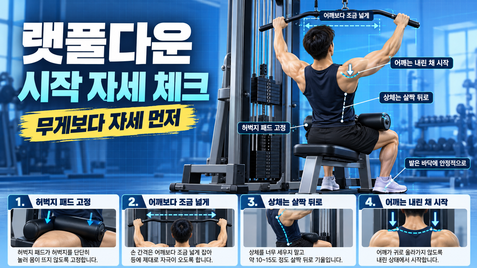 랫풀다운 시트와 허벅지 패드 세팅을 보여 주는 정보카드