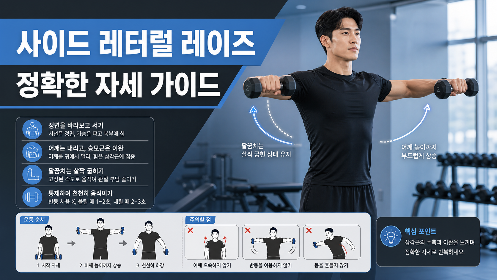 사이드 레터럴 레이즈 루틴 자세와 세트 구성 정보카드