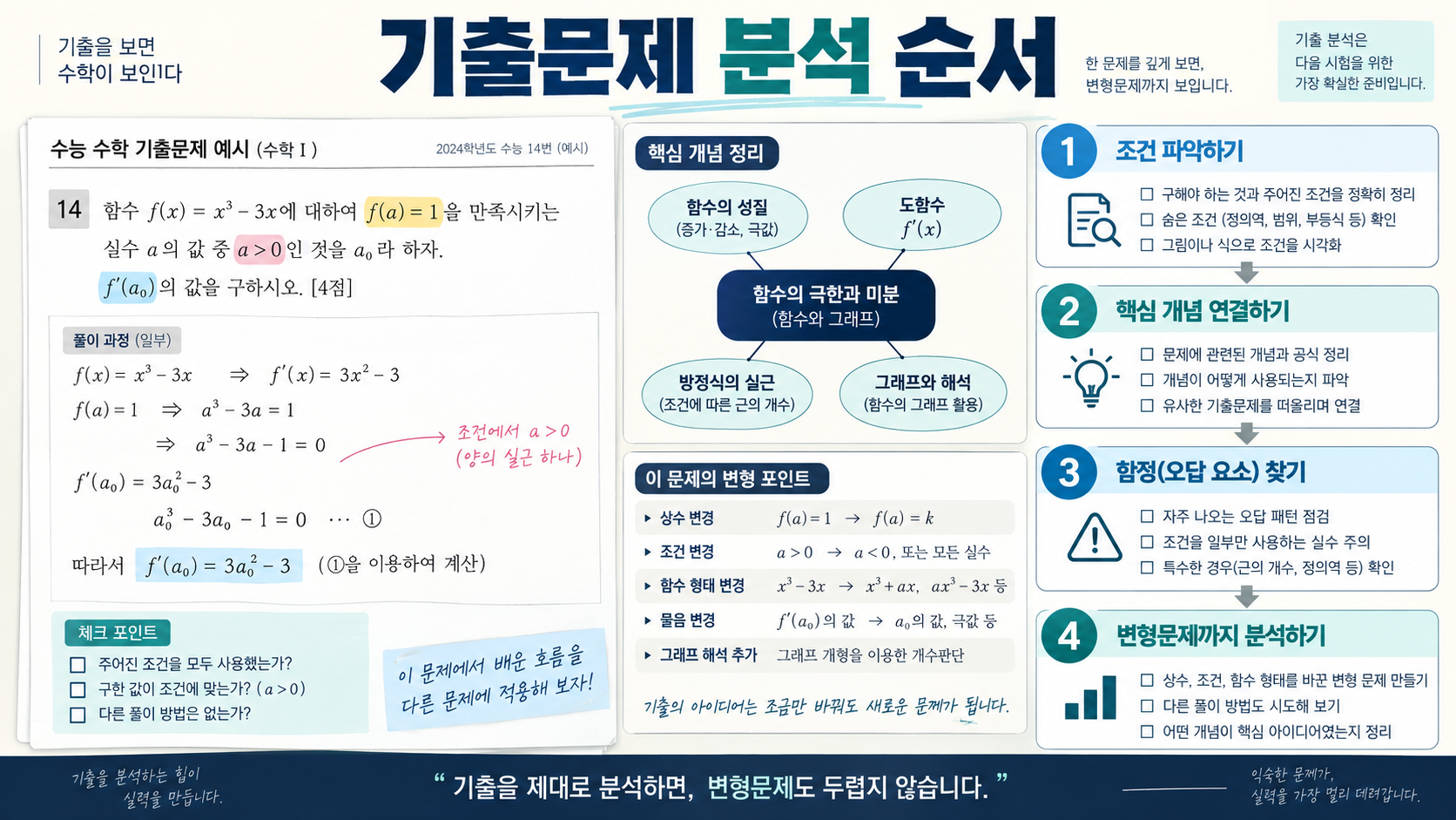 기출문제 분석 순서를 설명하는 수학 정보카드